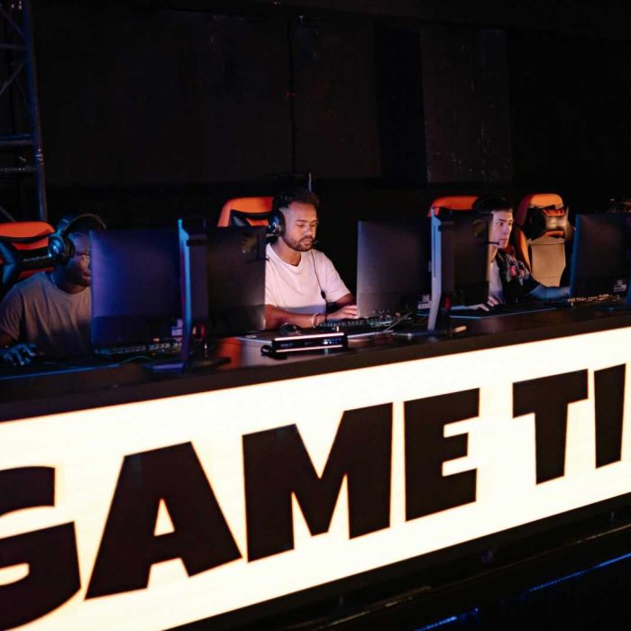 Professional gamers competing in a team tournament, capturing the excitement of eSports.
